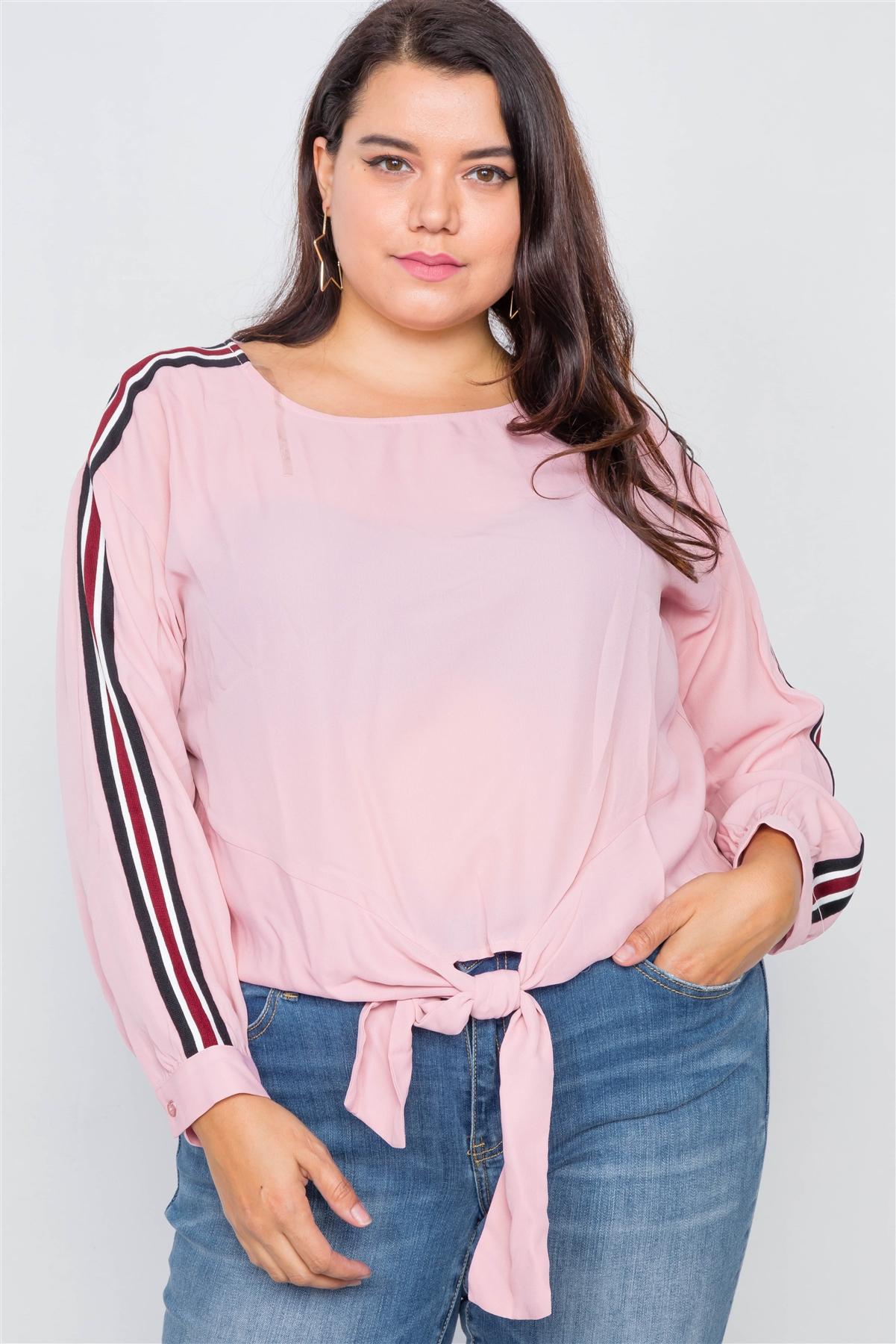 Plus size color block sleeve front knot semi-sheer top-id.cc51689b image