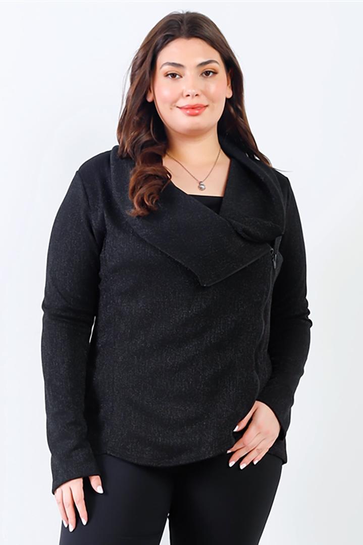 Plus black lurex draped collar side zip up lightweight jacket-id.cc56439 image