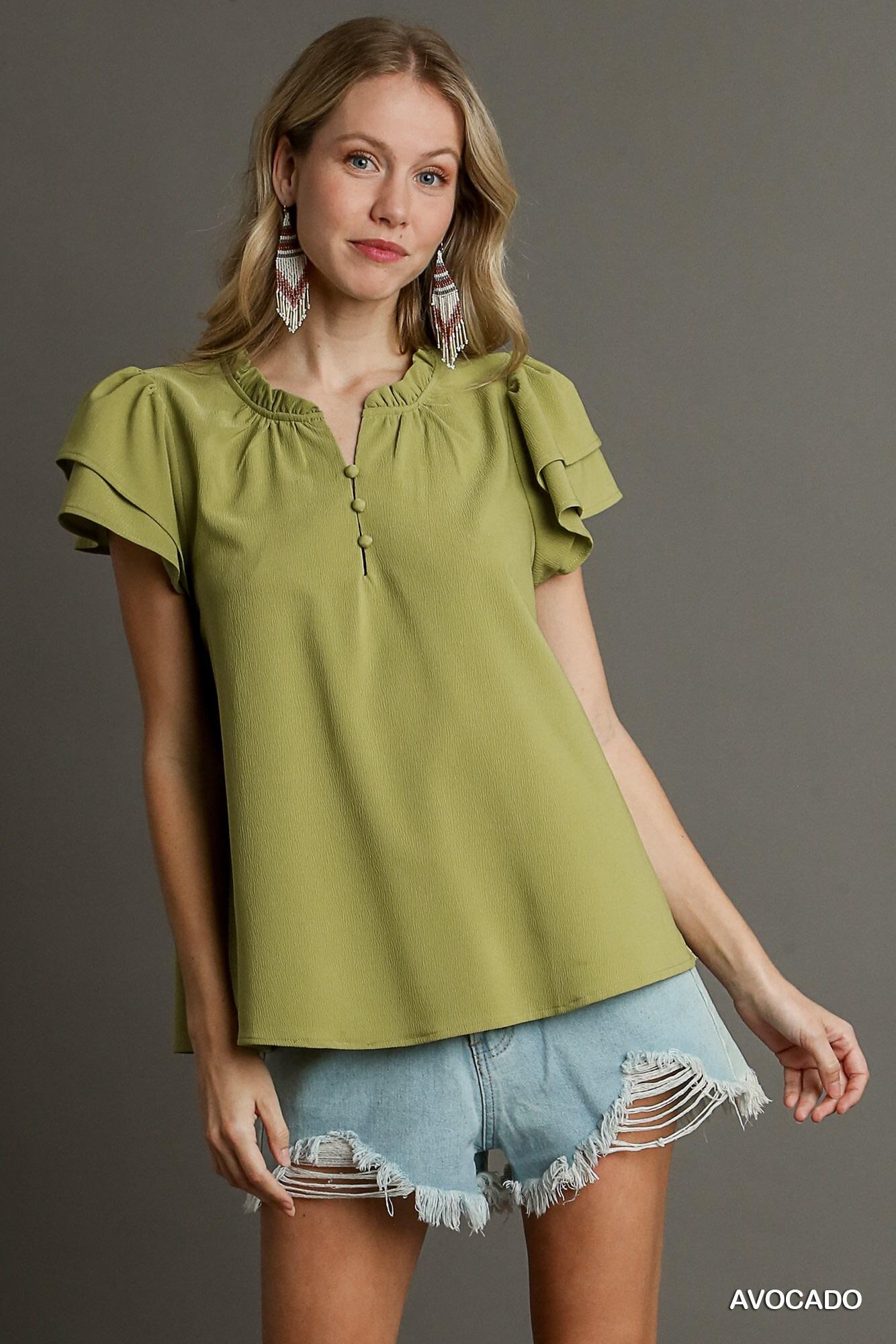 Boxy cut faux button ruffle neckline top with short layered sleeves-id.cc58573 image