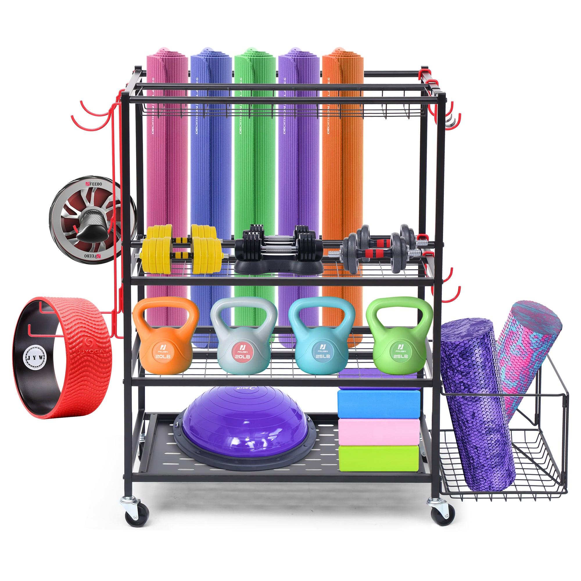 Nice C Outdoor Toy Storage, Garage Organization, Sports Equipment Organizer, Rolling Garage Storage System, Ball Storage Rack, Yoga Mat Storage with Hooks and Basket (4-Layer-Edged) image