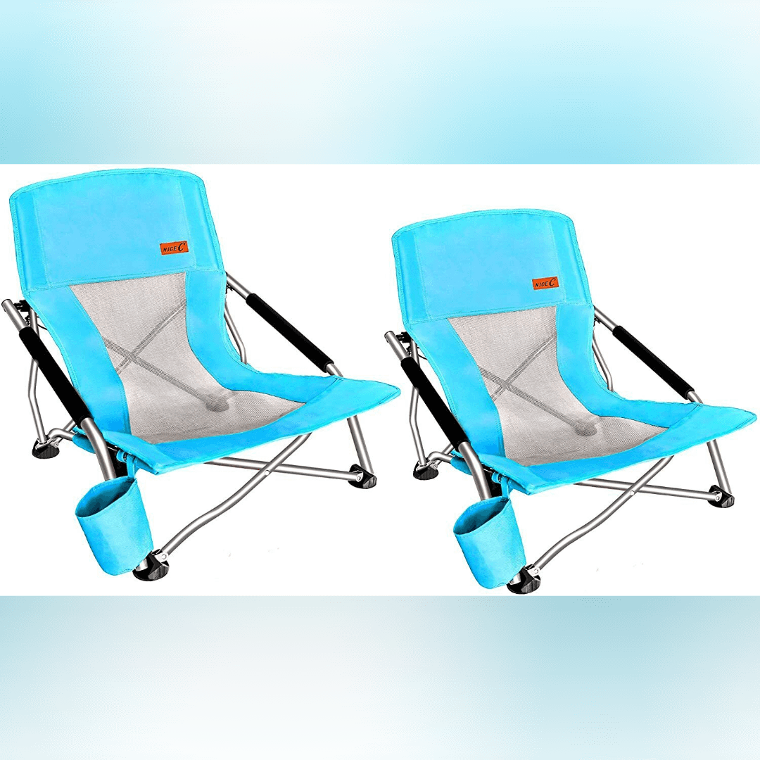 Nice C Folding Low Beach Chair for Adults - Sling Seat with Cup Holder - Blue / 2 Pack image