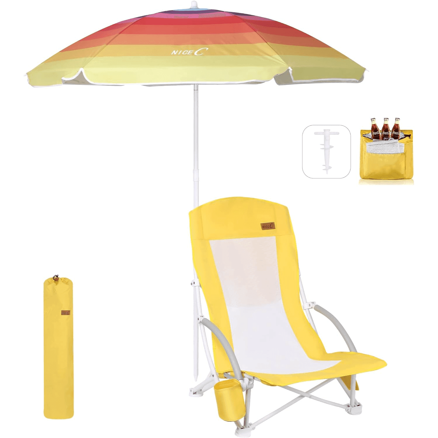 Nice C Beach Chair with Umbrella & Cooler - High Back, Cup Holder, Carry Bag - Yellow / 1 Pack image