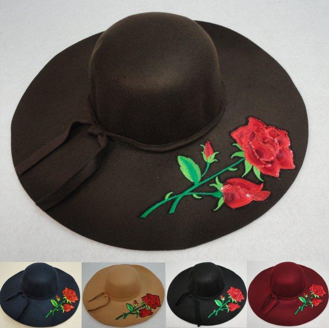Ladies Felt Winter Hat w Ribbon [XL Brim] Rose Applique image