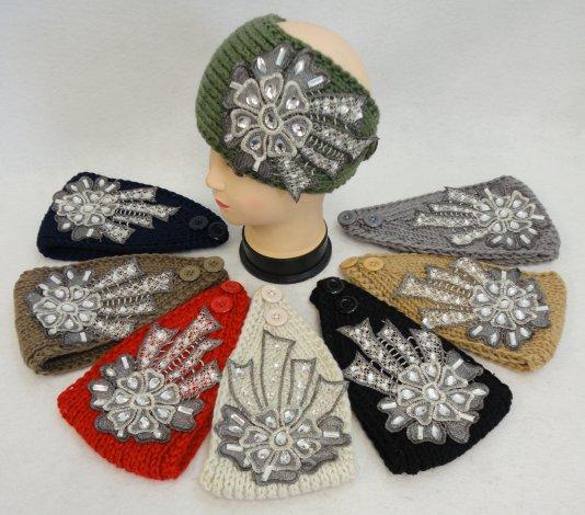 WN759CL Wide Hand Knitted Ear Band w Floral Applique [Lace & Gems] image