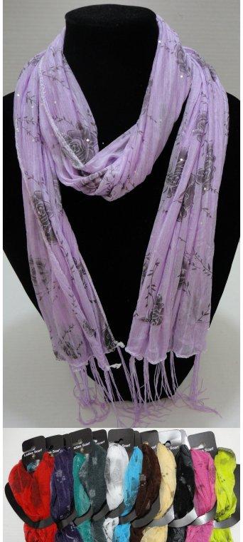 Sheer Scarf with Fringe--Pinstripe/Roses/Sparkle image