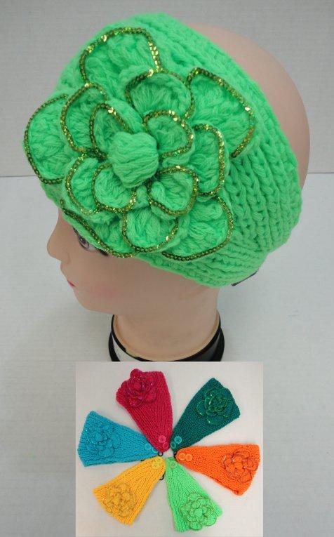 WN526CL Wider Hand Knitted Ear Band--Flower with Sequins image
