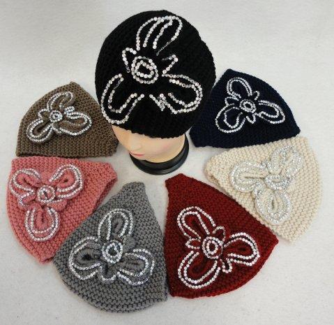 Wide Hand Knitted Ear Band [Rhinestone Flower] image
