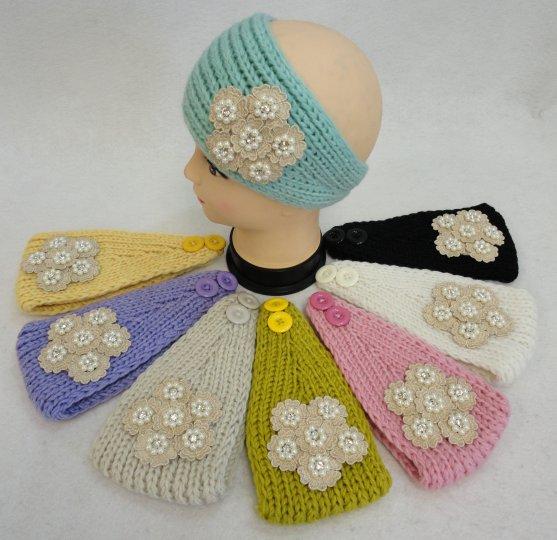 WN756CL Hand Knitted Ear Band w Applique [Flower/Pearl/Diamond] image