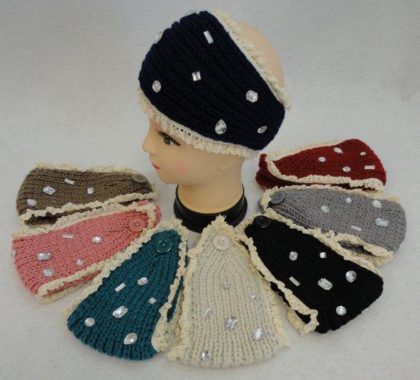 WN757CL Hand Knitted Ear Band w Antique Lace [Assorted Gems] image