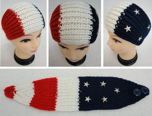 WN771CL Hand Knitted Ear Band [Red/White/Blue with Stars] image