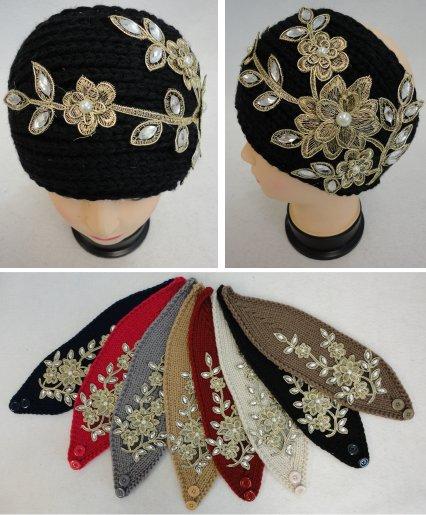 WN758CL Wide Hand Knitted Ear Band with Metallic Floral Applique[Pearls&Gems] image