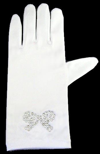 Satin Gloves With Jewelled Bow - White - Opera Length image