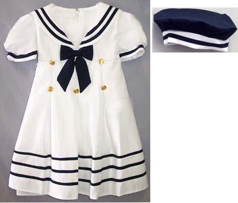 Girls  Short Sleeves Nautical Dress With Hat - White (9Mos-5) image