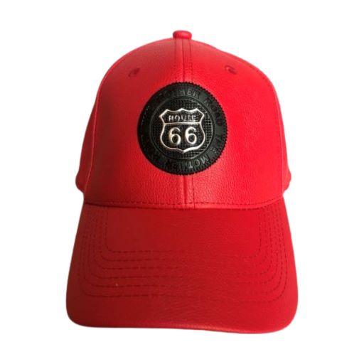 * Faux Leather  Route 66 Baseball Caps With Metal Logo - Red Color (7508-121R) image