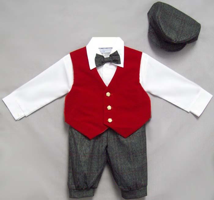 Holiday Style Boys Knicker Set With Velvet Vest - Red (Sizes:1-4) image