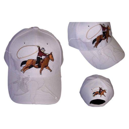 Rodeo Embroidered White Baseball Caps - Cow Boy With Lasso image