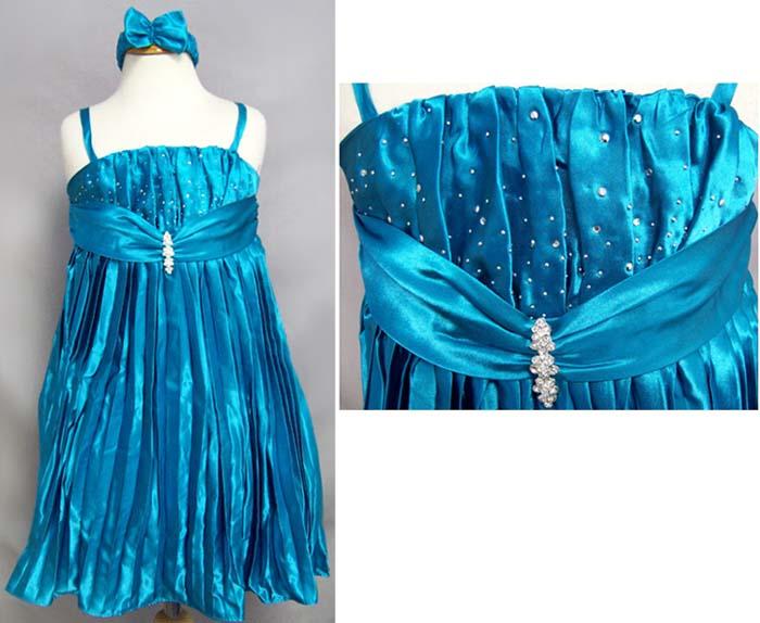 Girls Jewelled Pleated Party Dress With Headband - Turquoise image