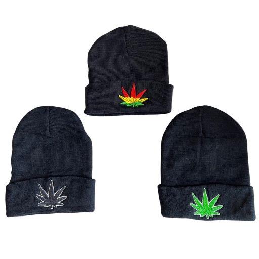 Marijuana Weed Embroidered Beanies - Black In 3 Color Designs image