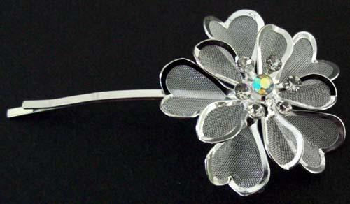 Hair Accessories - Hair Clip  Silver Flower With  Rhinestones image
