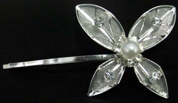 Hair Accessories - Hair Clip  Silver Flower With  Rhinestones image