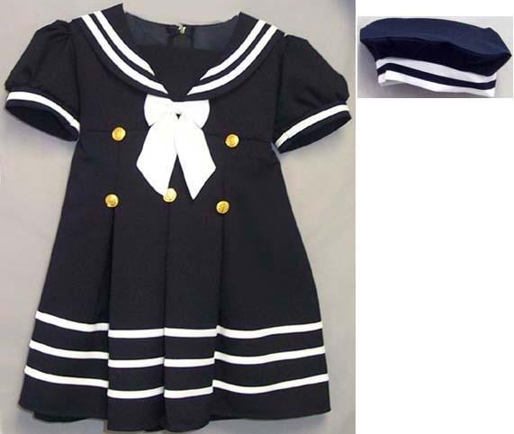 Girls Short Sleeves Nautical Dress With Hat - Navy (9Mos-5) image