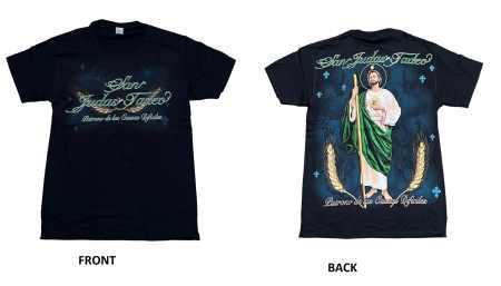 San Judas Tadeo Mexican Black  T-Shirt With Blue Background image