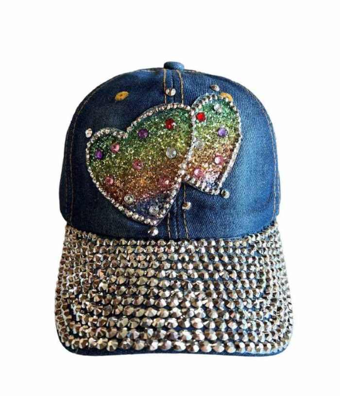 Two Hearts Rhinestones Blue Denim Baseball Cap image