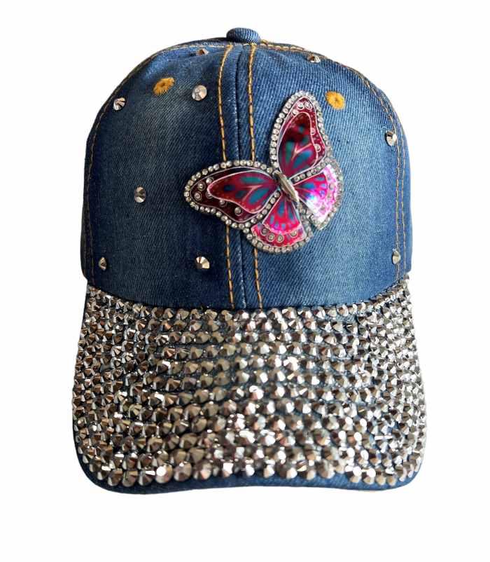 Butterfly Rhinestones Blue Denim Baseball Cap image