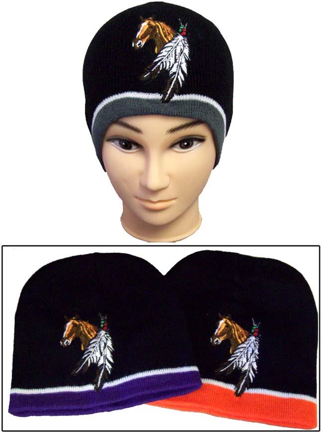 Native Pride Embroidered Beanies - Winter Caps - Horse & Feathers image