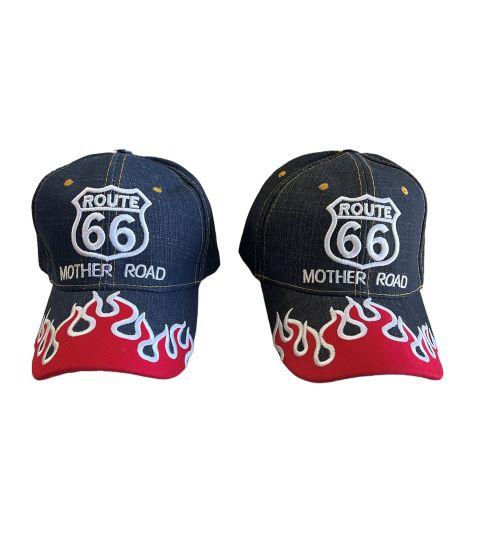 * Route 66 Blue Denim Baseball Caps Embroidered Flames - Black (7508-144) image