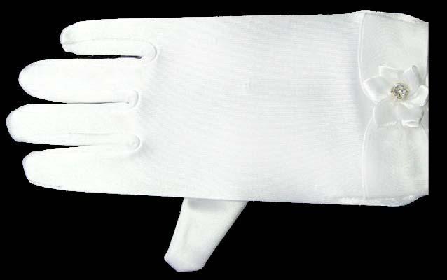 Girls Designer Style White Satin Gloves With Rhinestones (13-16) image