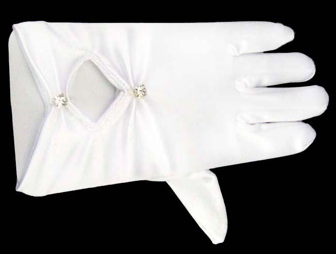 Girls  White Satin Gloves - 2 Rhinestones (4-7) image