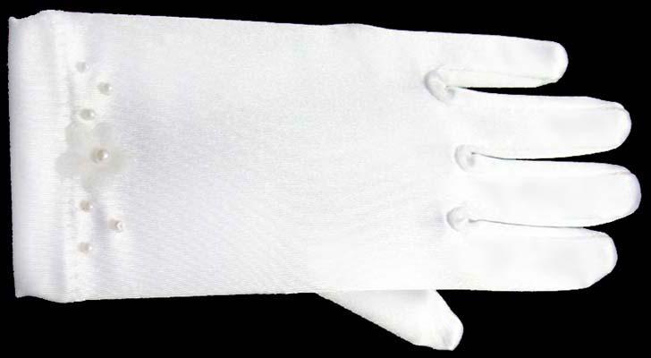 Girls Designer Style White Satin Gloves With Pearls (Size: 8-12) image