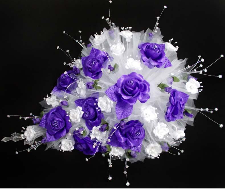Large Bridal Quinceanera Sweet 15 Silk Flower Bouquet - Purple Wh image