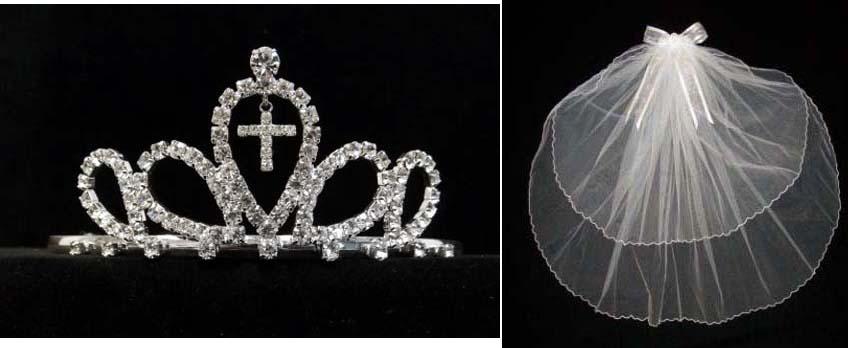 White Communion Veil With Rhinestones Cross ( # SHP-00501C) image