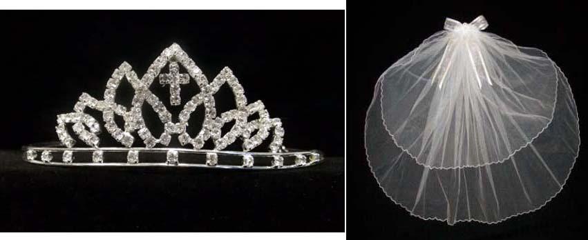 White Communion Veil With Rhinestones Cross ( # SH-00538C) image