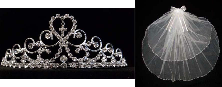 White Communion Veil With Rhinestones Cross ( # W241-1676TC) image