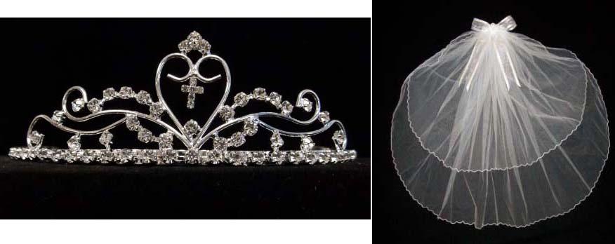 White Commuin Veil With Cross Rhinestones Tiara ( # 12MT18C) image