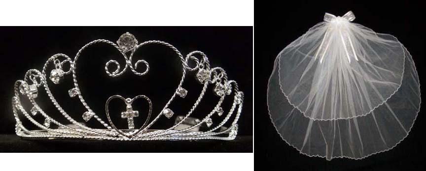 White Communion Veil With Rhinestones Cross ( # C1196C) image