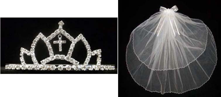 White Communion Veil With Rhinestones Cross ( # CN003C) image
