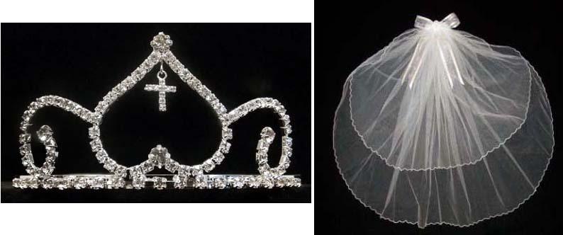 White Communion Veil With Rhinestones Cross ( # CN006C) image