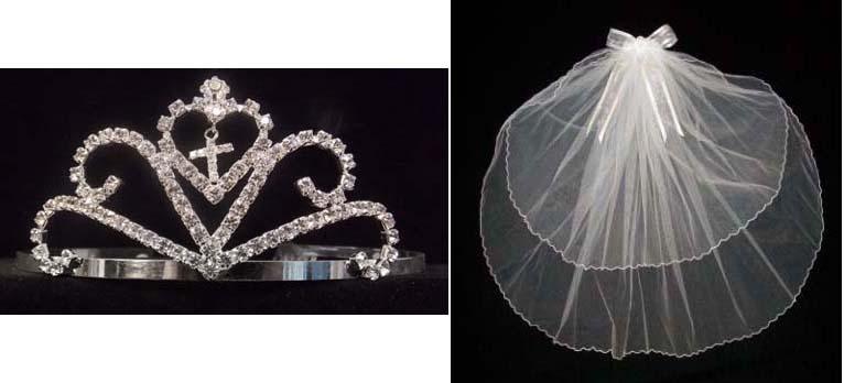 White Communion Veil With Rhinestones Cross ( # CN008C) image
