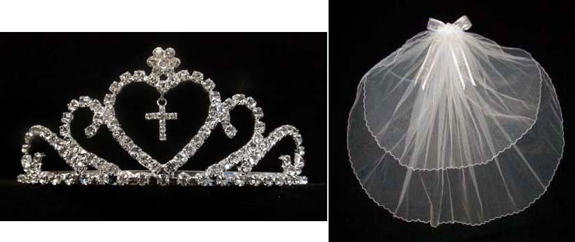 White Communion Veil With Cross Rhinestones Cross  ( # CN011C) image