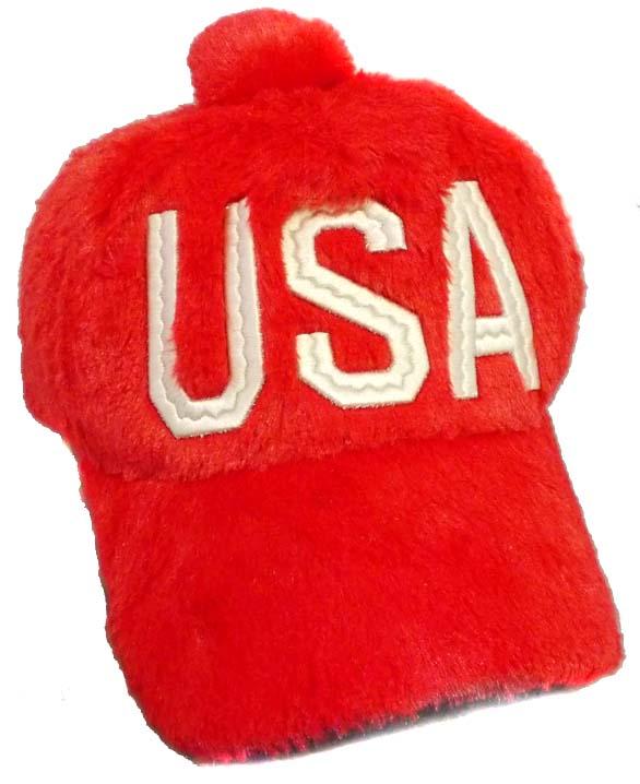 USA Plush Embroidered Caps/Hats With Pom Pom - Red image