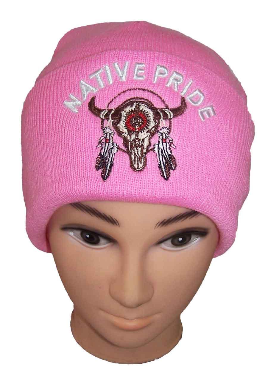 Pink Native Pride Embroidered Beanies - Winter Caps- Bull Head image