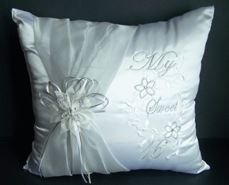 'My Sweet 16" Embroidered White Pillows With Butterfly Grey Sash image