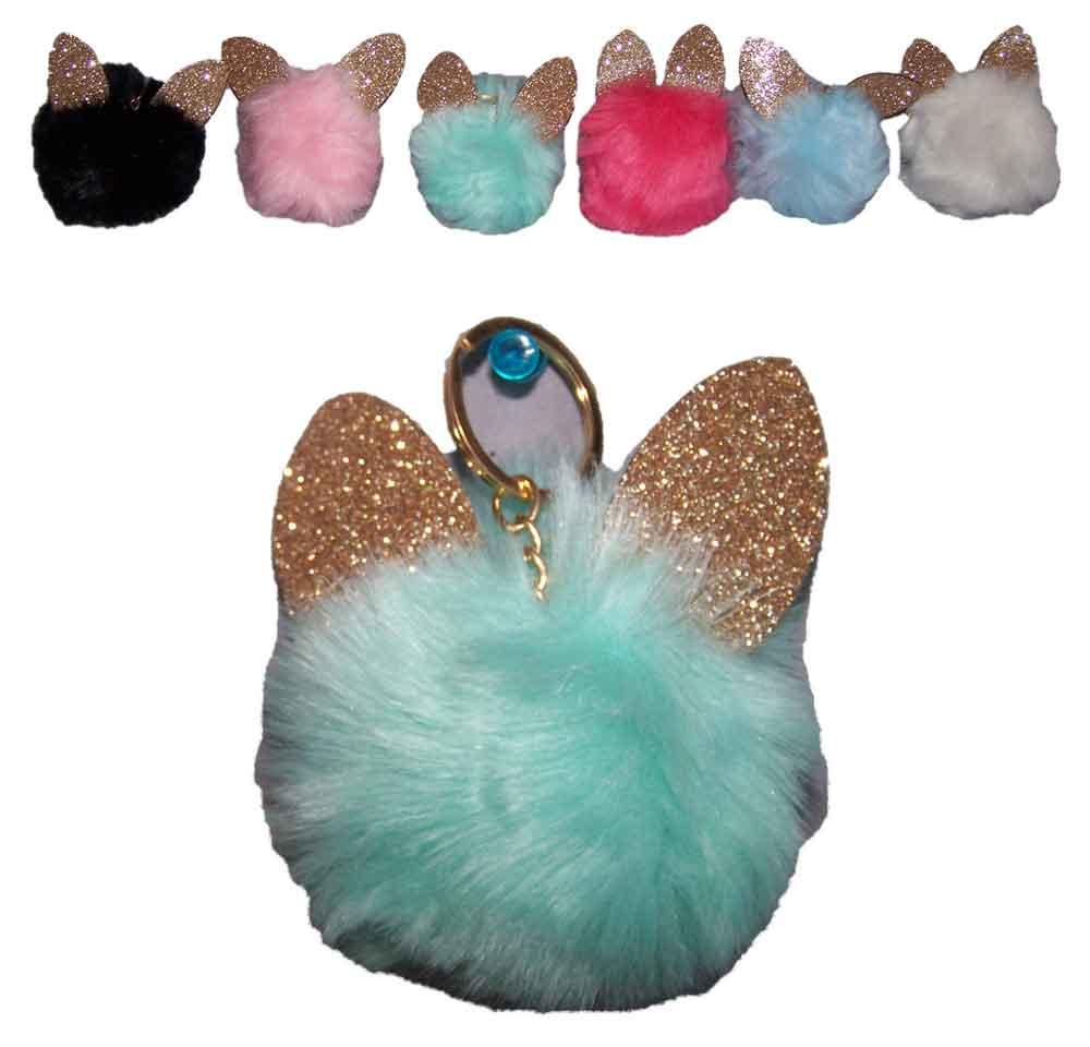 Pompom Faux Fur w/ Ears Cat Bunny Key Chains Key Rings image
