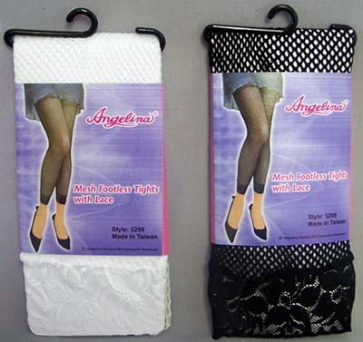 "Angelina" Womens Mesh Footless Tights With Lace White & Black image