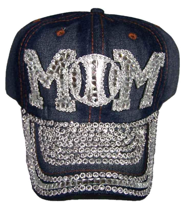 MOM Blue Denim  Baseball Caps Hats w/ Rhinestones image