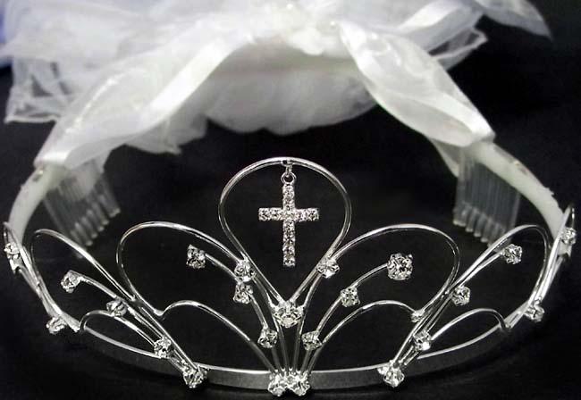 White Veil With Rhinestones Tiara With Cross  ( # C7258C) image